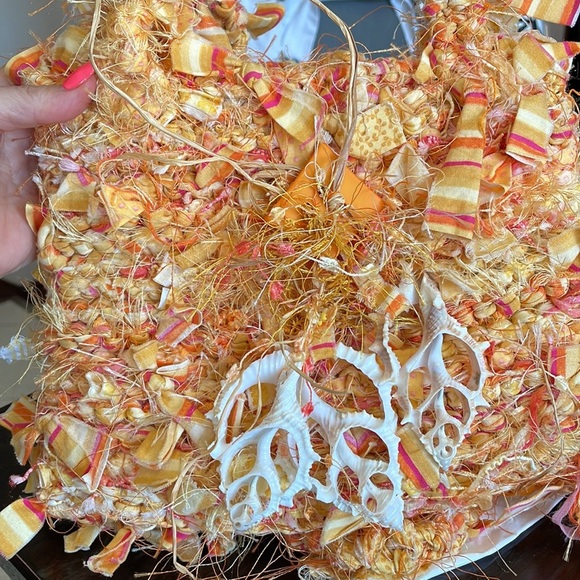 UNIQUE HANDMADE boho chunky Rag Knitted yellow shoulder bag genuine shells - Picture 4 of 17